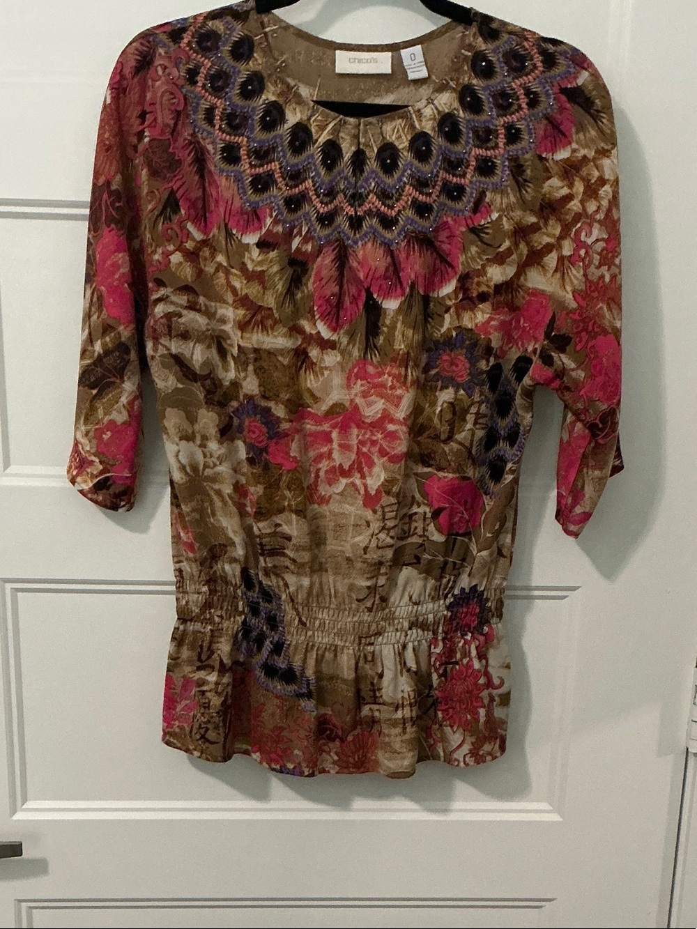 Chico's Brown and Pink Floral Peasant Blouse